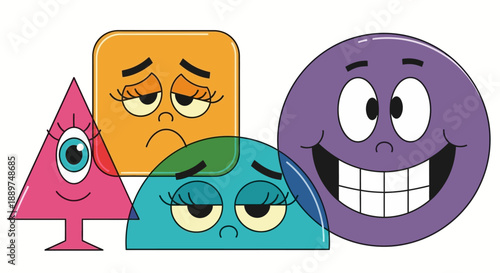 Cartoon characters jkahsfc smiling and frowning together in a group