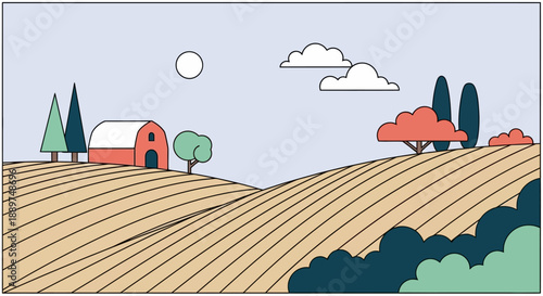 A serene rural landscape with a red barn, trees, and plowed fields under a sunny sky with clouds jkahsfc.