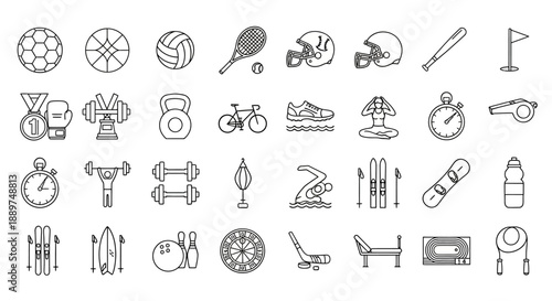 Fitness icons showcase various gym equipment and sports gear illustrations