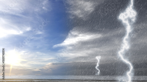 A dramatic composite image showing a split view between a bright sunny sky and a heavy thunderstorm with rain and lightning bolts over a calm sea horizon