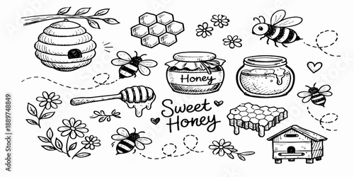 Vintage hand drawn vector set featuring a sketch illustration of a bees and honey collection with bread, cheese, and flower design elements in a doodle art pattern