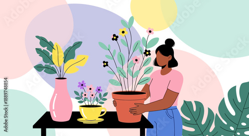 A woman tends to a plant on a table surrounded by flowers and leaves in a colorful setting with jkahsfc design ai
