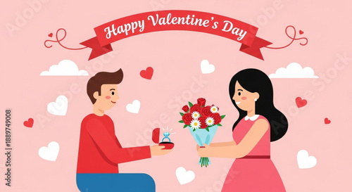 Man proposing with engagement ring and flowers to woman happy Valentines Day concept flat vector illustration for greeting card or invitation
