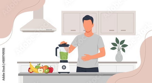 Man preparing healthy smoothie with fresh fruits in modern kitchen