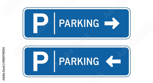 Two blue parking signs with white arrows pointing in opposite directions
