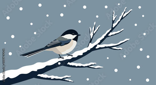 A bird perches on a snowy branch during snowfall in winter