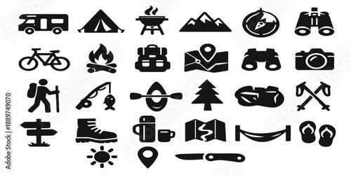 A vector set of black camping and travel icons featuring summer design symbols like a sun, tree, beach, car, sea, and boat illustration