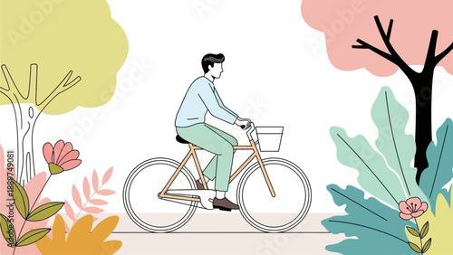 Man rides bicycle on path surrounded by colorful flowers and trees