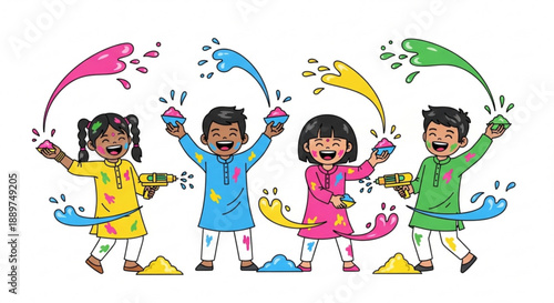 Happy children celebrating Holi festival with colorful powders and water guns joyful illustration for Indian culture and festive events isolated on white