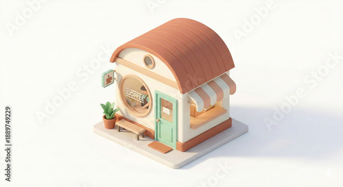 Cute 3D isometric coffee shop building with pastel colors isolated on white background.