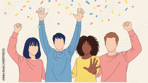 Diverse group of people celebrating with raised hands and confetti jkahsfc