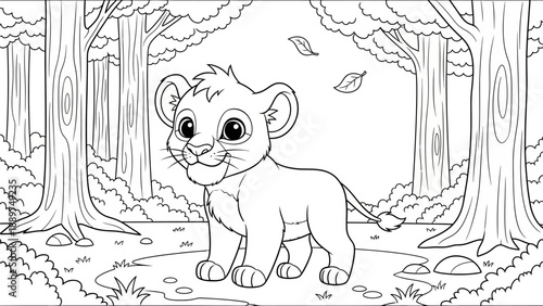 A lion cub stands curiously in a forest surrounded by trees and foliage, looking forward with a gentle expression jkahsfc.