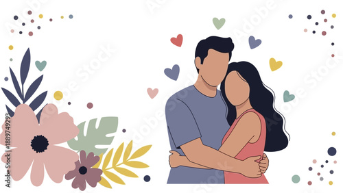 Couple embracing warmly outdoors surrounded by colorful flowers and hearts