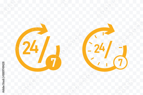 24 7 icon symbol, Set of line icons pack. 24 Hrs icons collection glyph and mixed vector Illustrations. Stroke and Glyph pictogram. Support 24 hours a day and 7 days a week. Support service.