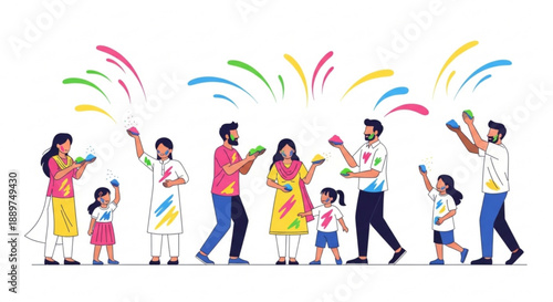 Diverse group of people celebrating Holi festival with colorful powder and water guns joyful family fun and cultural tradition flat vector illustration on white background