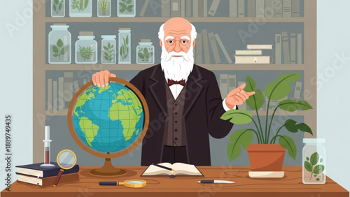 Charles darwin standing at a desk with a globe books and plants explaining evolution in a study