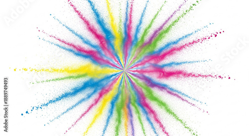Colorful powder explosion radiating from center abstract burst of vibrant Holi colors isolated on white background for festive design