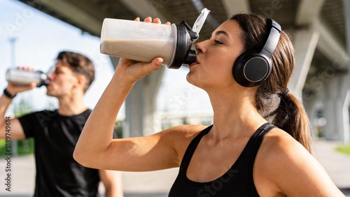 Athletes drinking protein shake outdoors