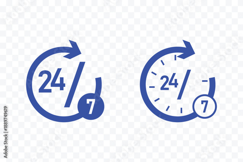 24 7 icon symbol, Set of line icons pack. 24 Hrs icons collection glyph and mixed vector Illustrations. Stroke and Glyph pictogram. Support 24 hours a day and 7 days a week. Support service.