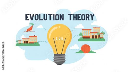 Evolution theory concept with lightbulb and buildings in thought bubble symbolizing innovation and progress in architecture and design