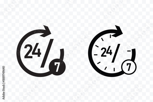 24 7 icon symbol, Set of line icons pack. 24 Hrs icons collection glyph and mixed vector Illustrations. Stroke and Glyph pictogram. Support 24 hours a day and 7 days a week. Support service.
