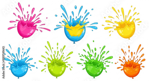 Collection of colorful exploding water balloons dynamic splash effects in vibrant hues for summer fun and party invitations isolated on white