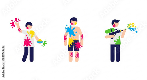 Collection of flat design icons representing people celebrating Holi with colorful powder and water guns perfect for festival graphics and cultural illustrations