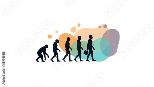 Human evolution from ape to business professional with briefcase walking forward in colorful abstract background