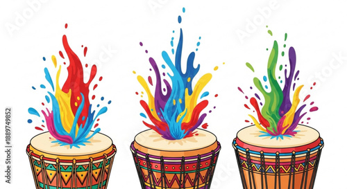 Vibrant drums with colorful paint splashes erupting symbolizing music and celebration perfect for event promotion and cultural themes