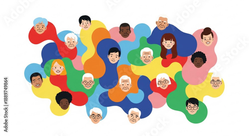 Diverse group of people faces abstract colorful shapes background representing community and connection illustration for social media and web design