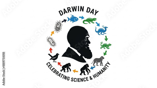 Charles darwin silhouette surrounded by evolution symbols on darwin day logo celebrating science and humanity