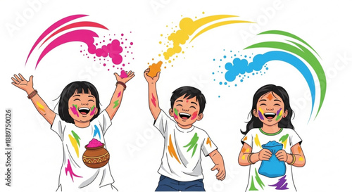 Joyful children celebrating Holi festival by throwing colored powder vibrant illustration of Indian culture and tradition isolated on white background