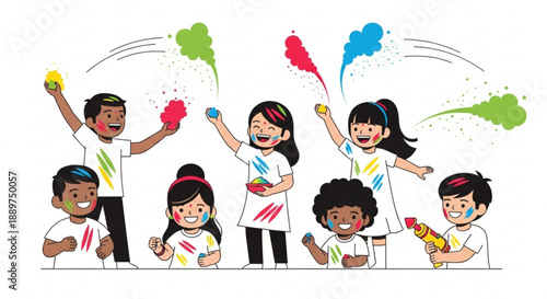 Diverse group of children celebrating Holi festival with colorful powder and water guns joyful illustration for cultural events and celebrations