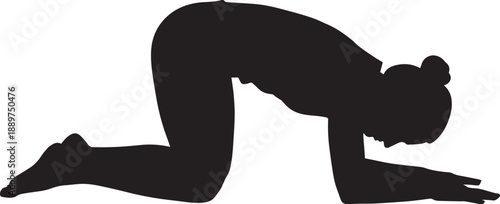 Individual Performing Cat Cow Stretch Solid Black Silhouette Yoga Pose Flat Vector Illustration Isolated on White Background