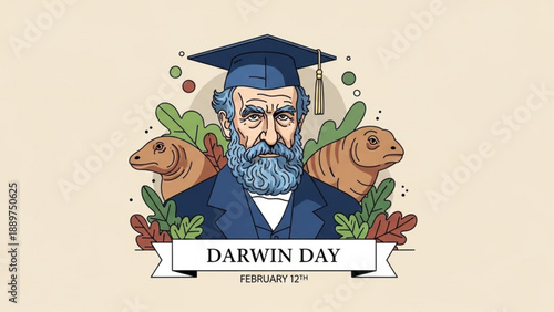 Charles darwin in graduation cap with sea lions and plants on darwin day february 12th