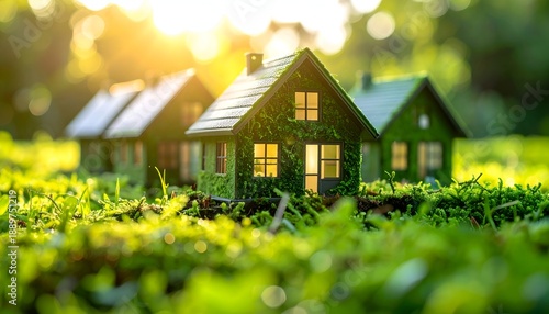 Miniature moss-covered houses in sunlit grass, promoting sustainable living