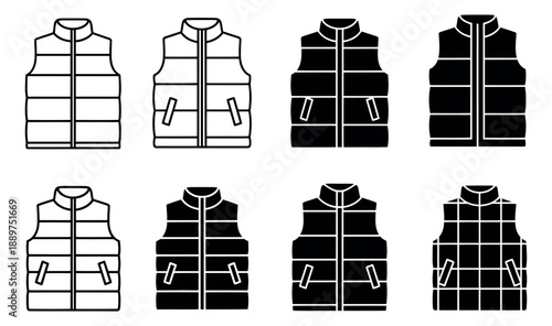 Line art and silhouette vest set featuring various styles of sleeveless jackets for outerwear design