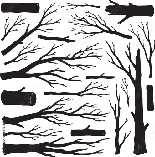 Black and white of scattered tree branches and logs on a white background also transparent background