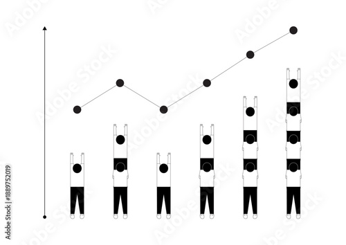 Vector illustration of a simple human line art figure stackable human ladder as a bar graph chart. 