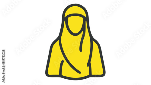 Simple yellow cartoon woman wearing a headscarf and smiling symbolizing modesty and culture