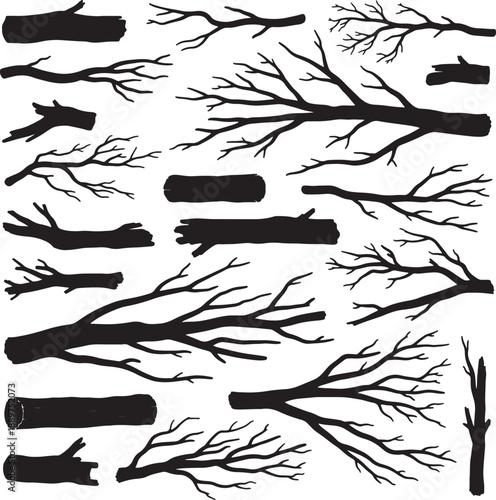 Black and White Silhouettes of Branches and Logs on a White Background also transparent background