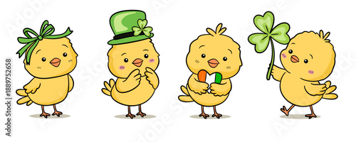 Cute St Patrick day baby chicks illustration set with shamrock hat ribbon clover and Irish flag in kawaii cartoon style