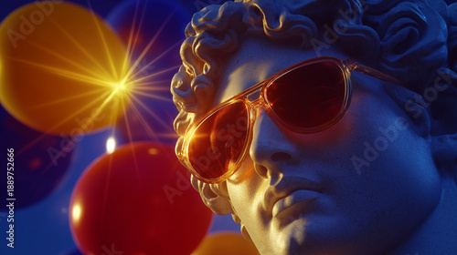 Cool Classic: A close-up of a classical bust wearing vibrant sunglasses and surrounded by colorful balloons, symbolizing a juxtaposition of the past and the present, classic and contemporary. 