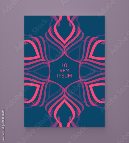 Softcover book layout. A fractal flower of curved colored lines. Layered effect. Cover design template. Geometric pattern. Vector illustration for brochure, planner, diary, notebook or notepad.