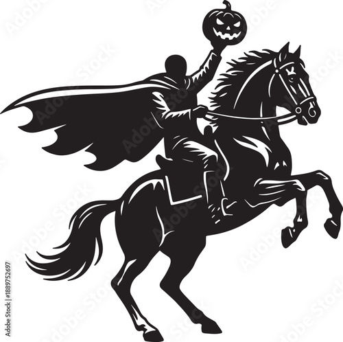 Black silhouette of a person riding a horse with a pumpkin head and bat wings also transparent background