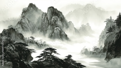 Serene misty mountains in traditional chinese ink wash art