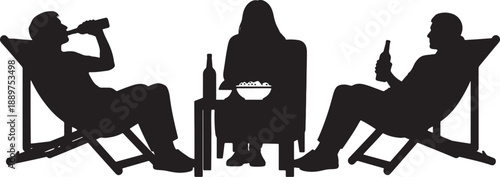 Three People Relaxing on Deck Chairs with Drinks and Bowl of Food also transparent background beer bottles