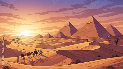 Great Pyramids of Giza with Camel Caravan in Desert at Sunset, Comic Art Style Illustration