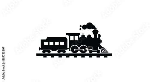 A classic steam train depicted in a striking black silhouette