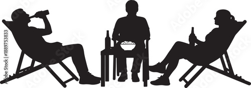 Three People Relaxing on Lawn Chairs with Drinks and Bowl of Food also transparent background drinking